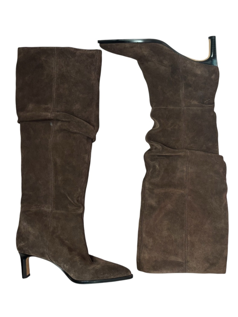 Dolce Vita Audrie Brown Mahogany Suede Pointed Toe Kitten Heel Slouchy Boots 6